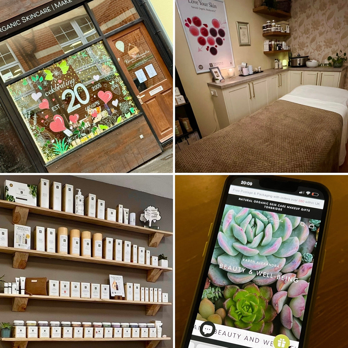 Collage of Karen Alexandra Beauty’s anniversary shop window, treatment room, skincare shelves and online shop on a phone.