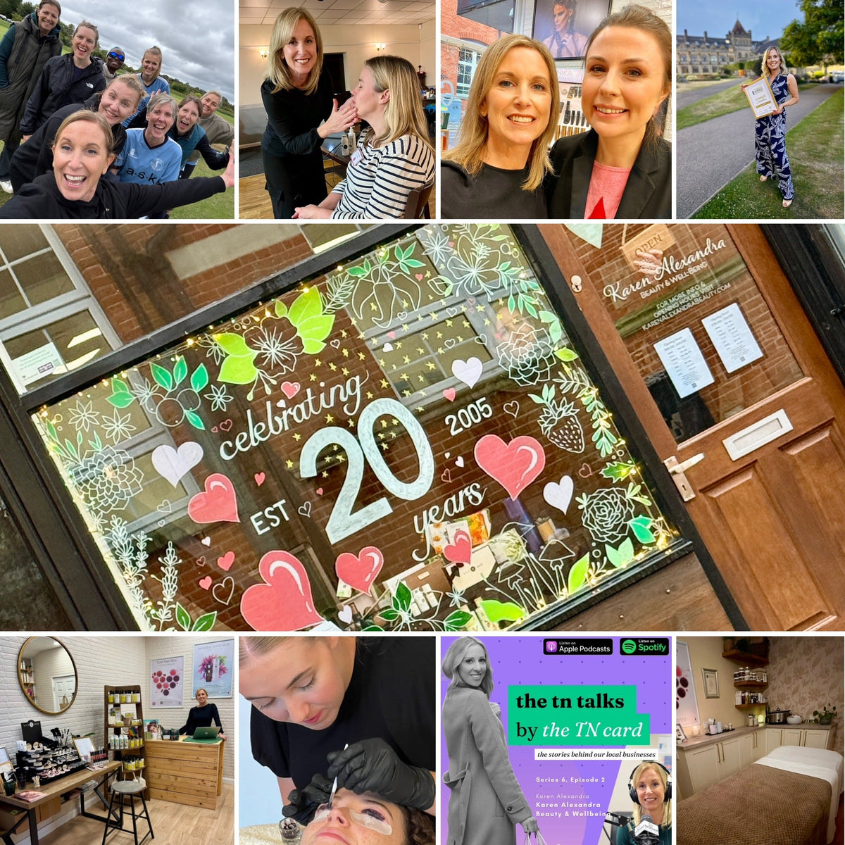 Collage of Karen Alexandra Beauty’s 20th-anniversary window, family and community moments, beauty treatments, podcast artwork and treatment room.