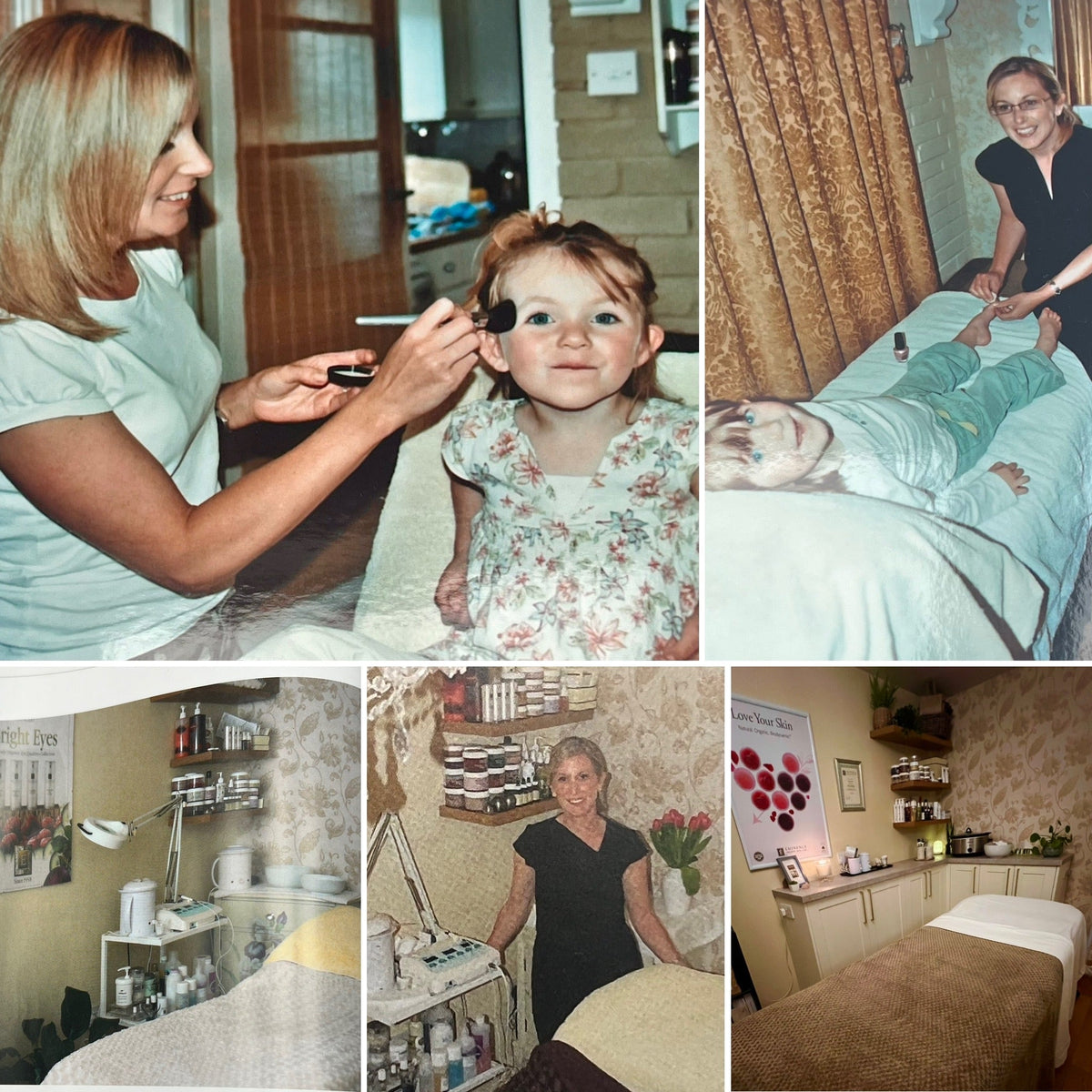 A collage showing Karen with her children and the evolution of her home beauty treatment room.