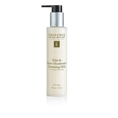 Eminence Organic Tulsi and Snow Mushroom Cleansing Milk in an elegant clear pump dispenser bottle