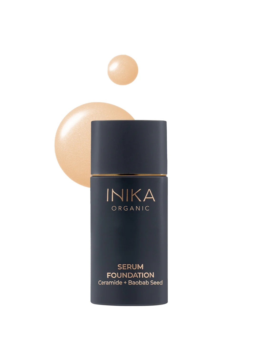 A pump bottle of INIKA Organic Serum Foundation with a swatch of the foundation colour bold shown behind it.