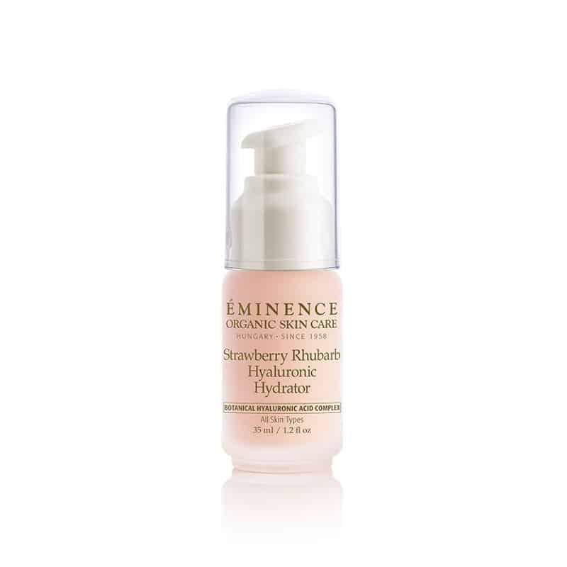 eminence organic strawberry rhubarb hyaluronic hydrator 35ml on white back ground in pump bottle