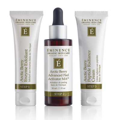 Éminence Organic Arctic Berry Peel & Peptide Illuminating System - 3 products on display, 2 tubes and one brown bottle
