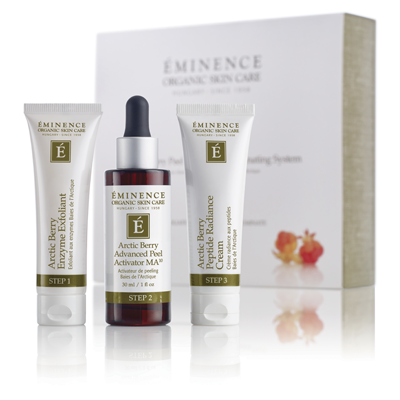 Éminence Organic Arctic Berry Peel & Peptide Illuminating System products with presentation box