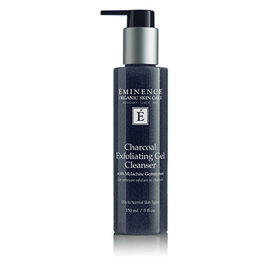 Éminence Organic Charcoal Exfoliating Cleanser in a sleek bottle and with a pumper dispenser