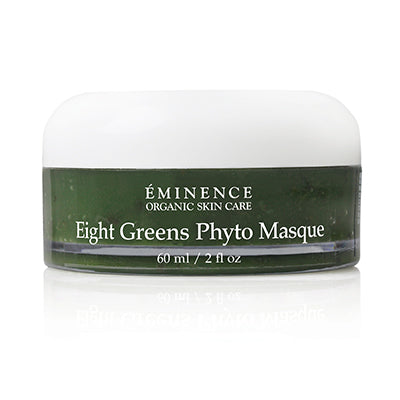 Éminence Organic Eight Greens Phyto Masque NOT HOT - green content in see through plastic jar with white screw top lid