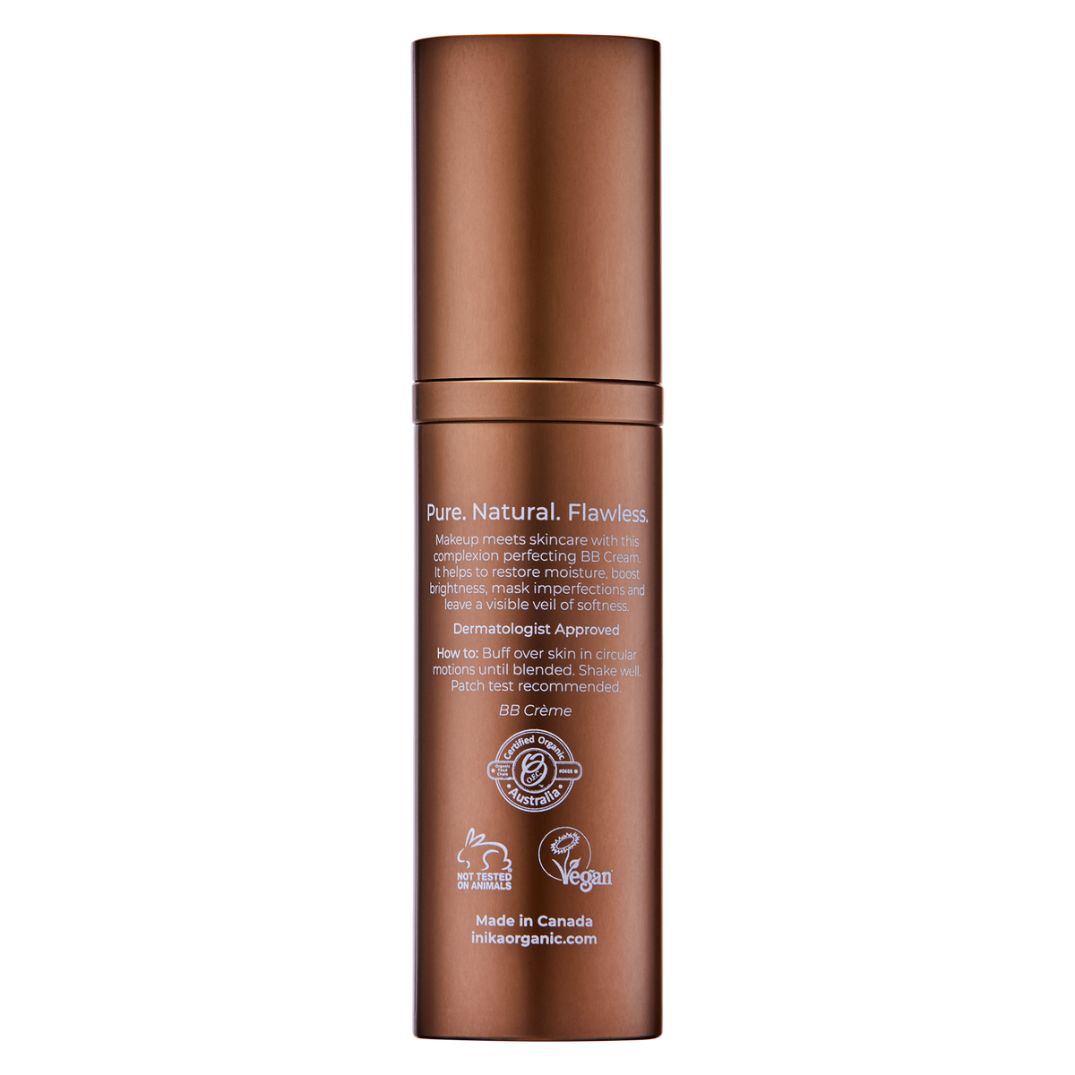 INIKA Certified Organic BB Cream 30ml rear of bronze dispenser bottle