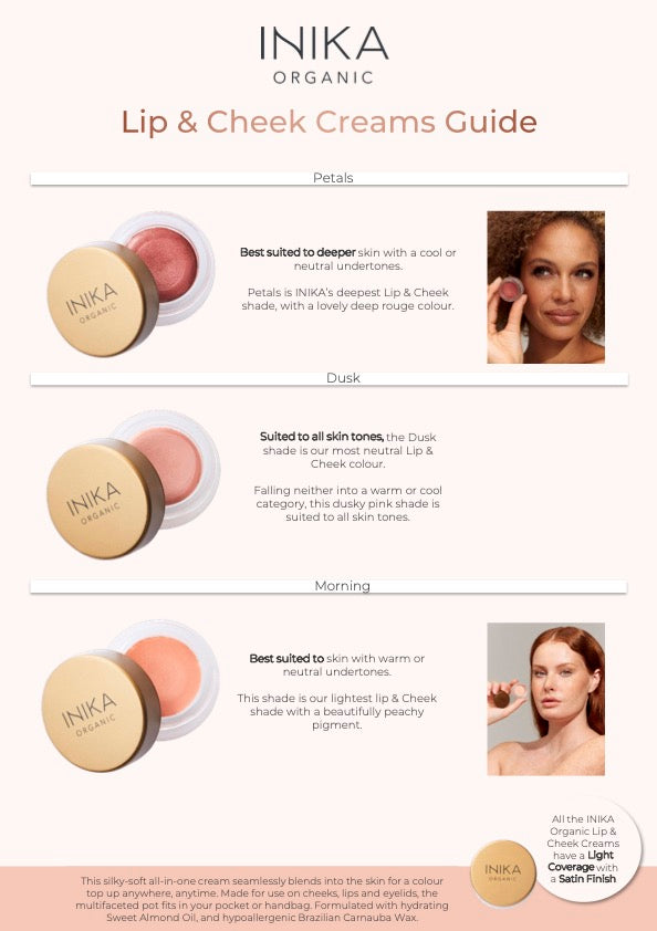 INIKA Certified Organic Lip and Cheek Cream shade guide