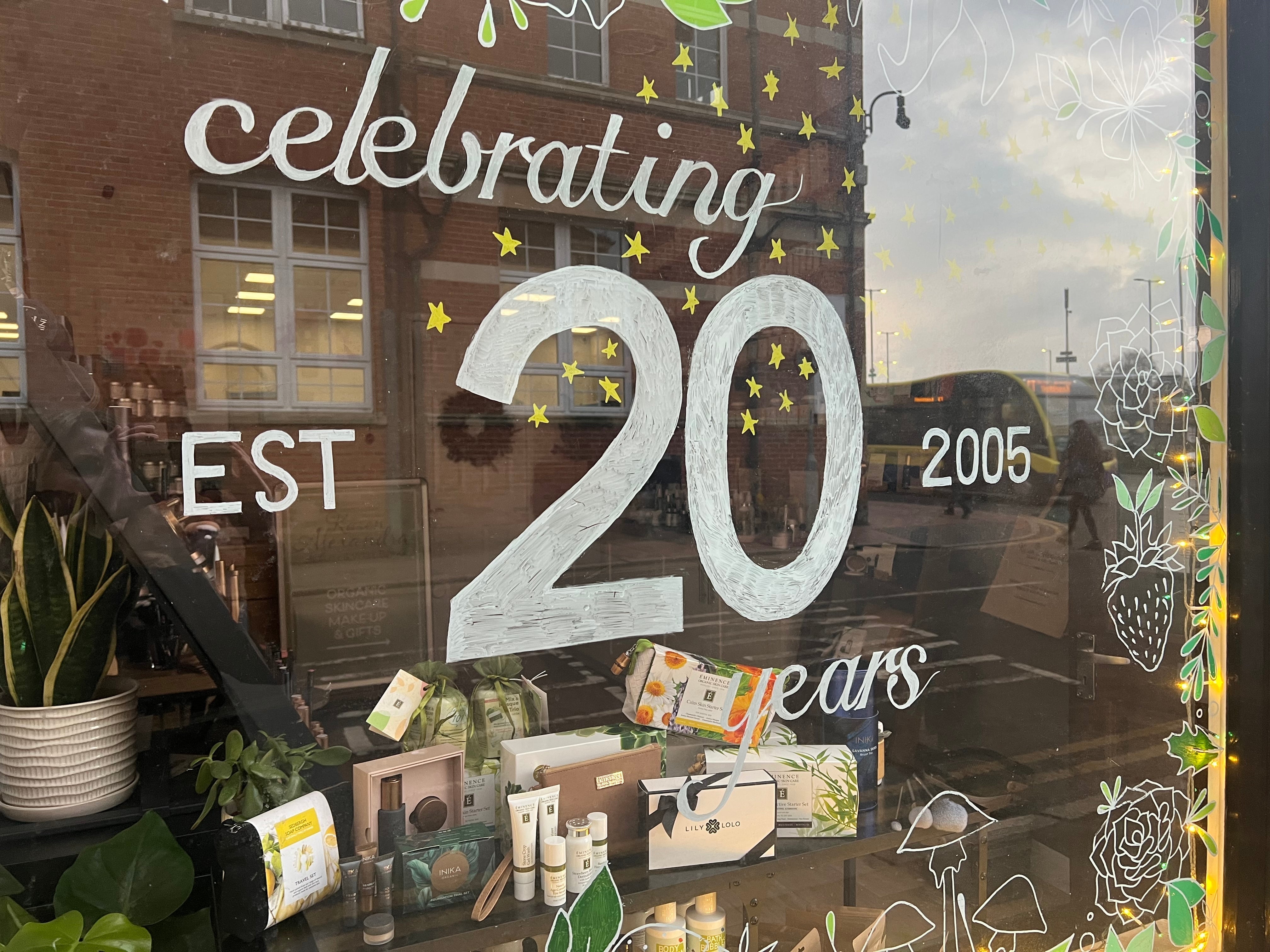 Karen Alexandra Beauty and WellBeing shop window - celebrating 20 years in business. specialist in organic skincare and makeup and organic facials. Stocking Eminence Organic and INIKA Organic and Lily Lolo Makeup