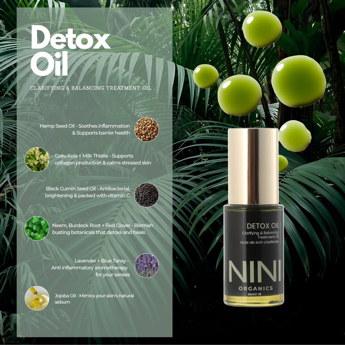 NINI Organics Detox oil bottle with label and green botanicals on a dark background
