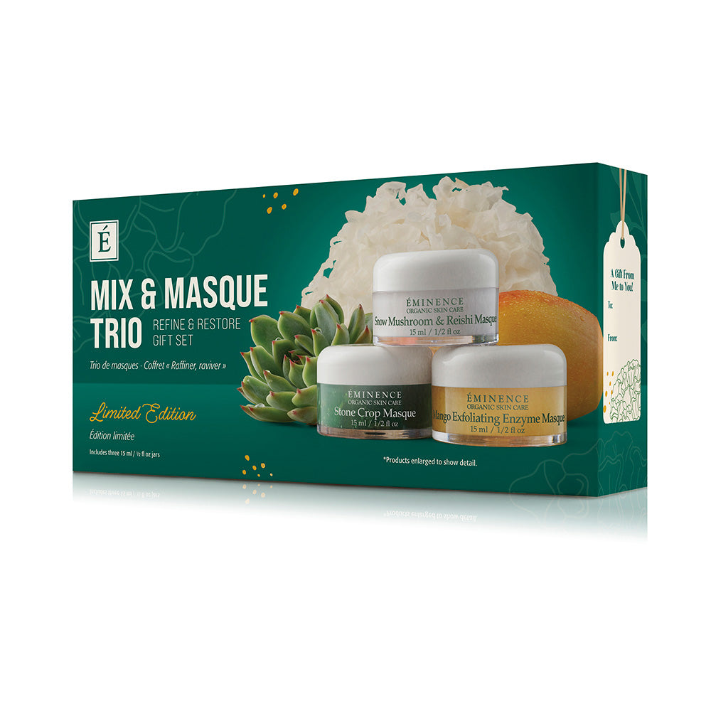 Eminence Mix & Masque Trio packaging with three jars and a green background