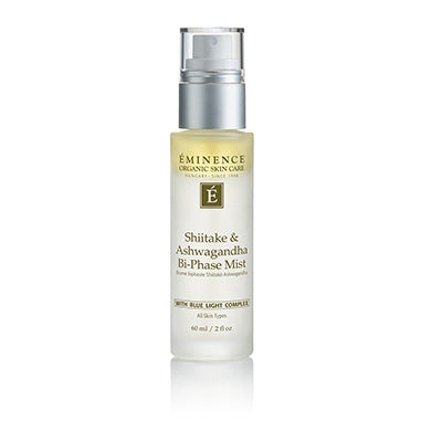 Éminence Organic Shiitake and Ashwagandha Bi-Phase Mist in elegant see through dispensing bottle