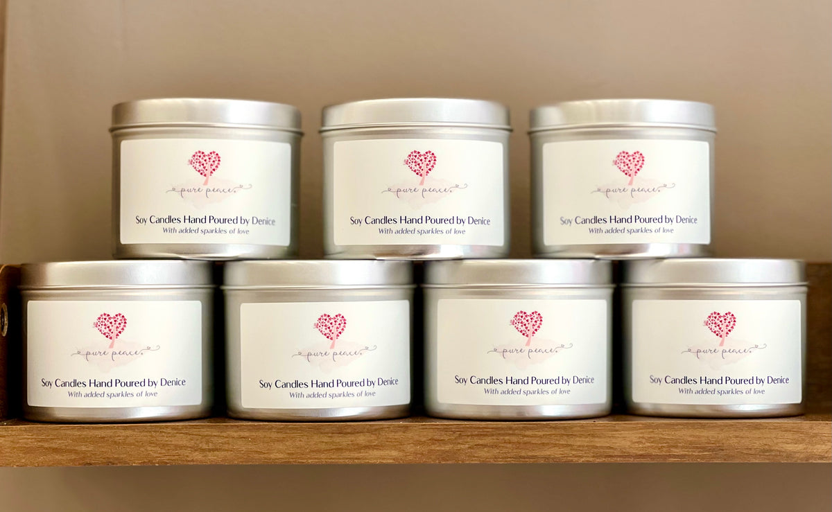 7 Pure Peace Hand Poured Soy Candles 200ml on wooden shelf