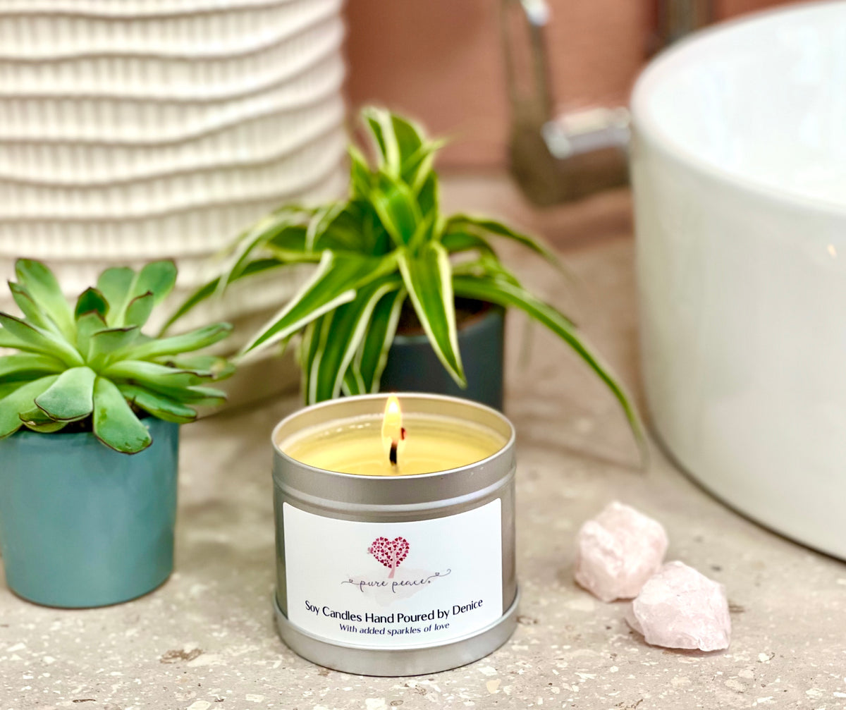 Pure Peace Hand Poured Soy Candles 200ml with plants in background