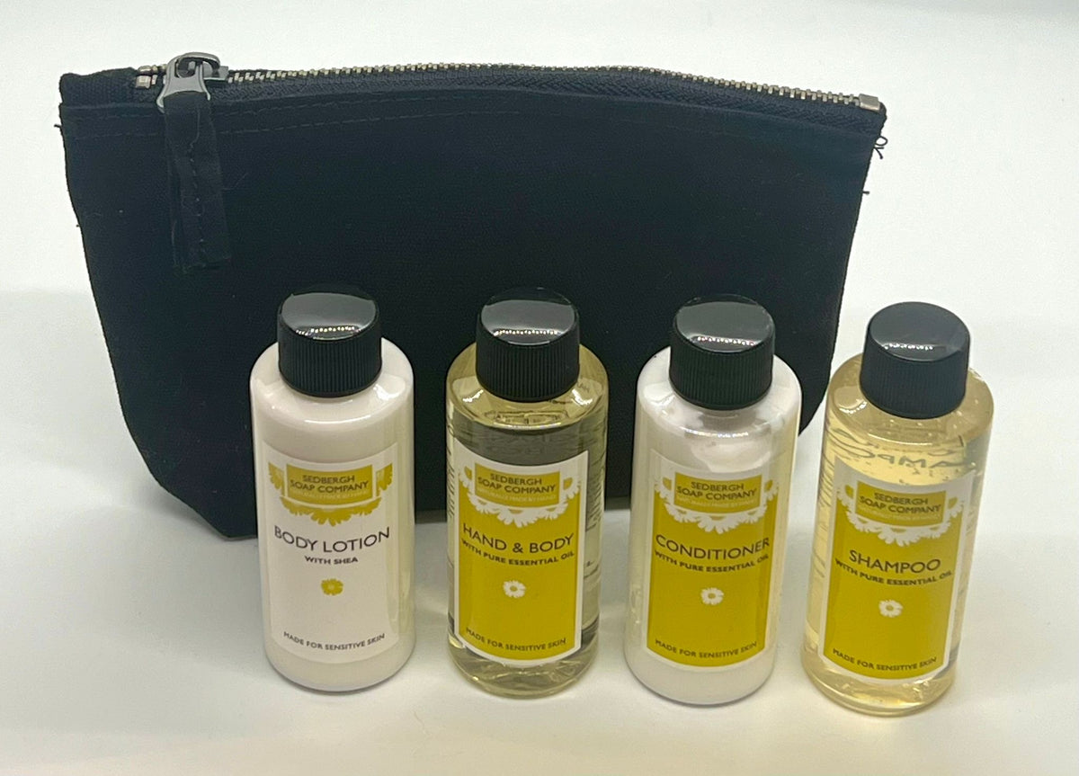 Sedbergh Soap Company Travel Set open with black travel back and four mini bottles