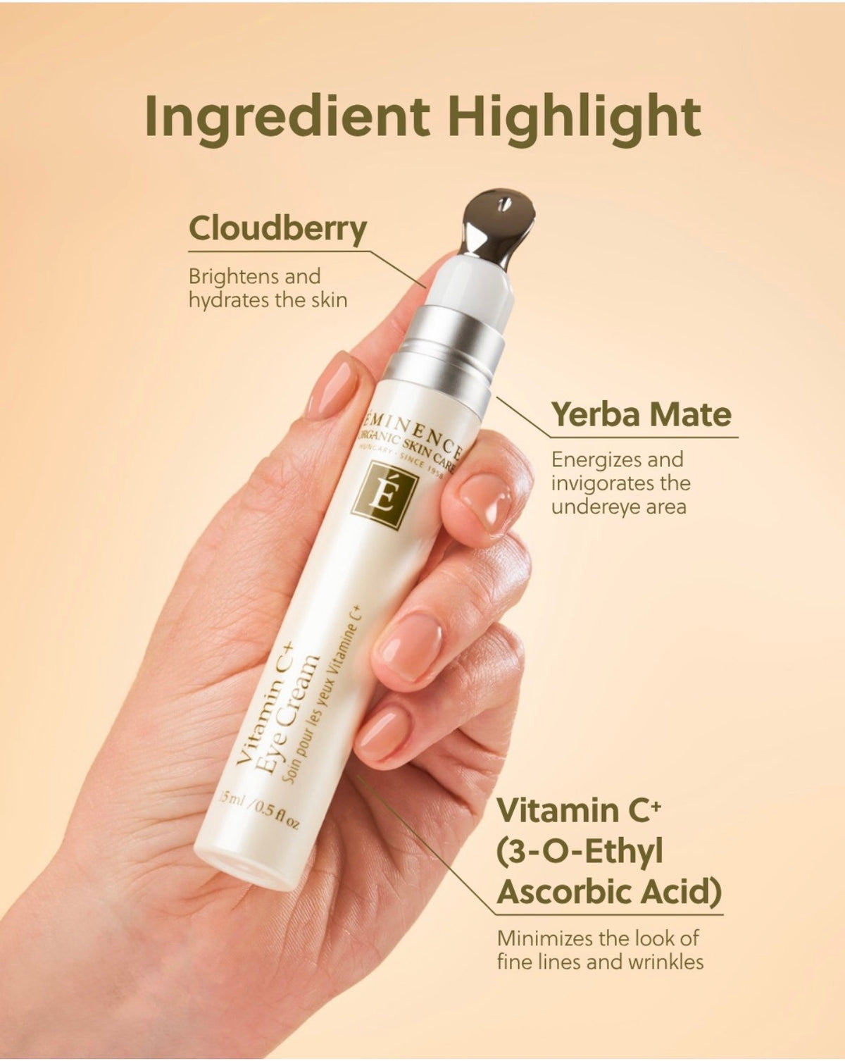 A hand holds a white and silver skincare bottle labeled eminence Vitamin C Eye Cream against a warm beige background with text callouts highlighting ingredients like cloudberry and vitamin C.