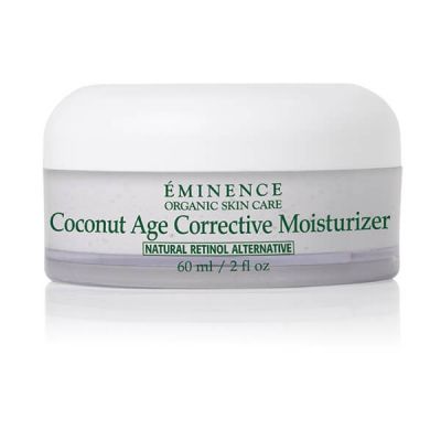 A jar of Éminence Organic Coconut Age Corrective Moisturiser, which is a skin care product designed to hydrate and tighten skin, especially for mature or ageing skin.