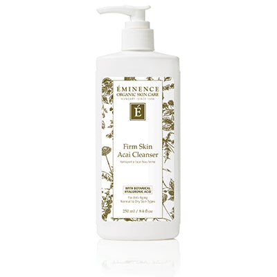 Éminence Organic Firm Skin Acai Cleanser 250ml in white plastic pump dispensing bottle 