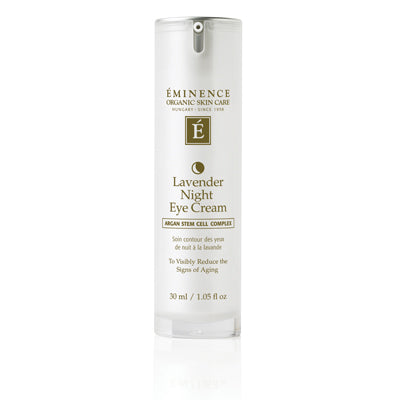 Éminence Organic Lavender Age Corrective Night Eye Cream in elegant pump dispenser tube