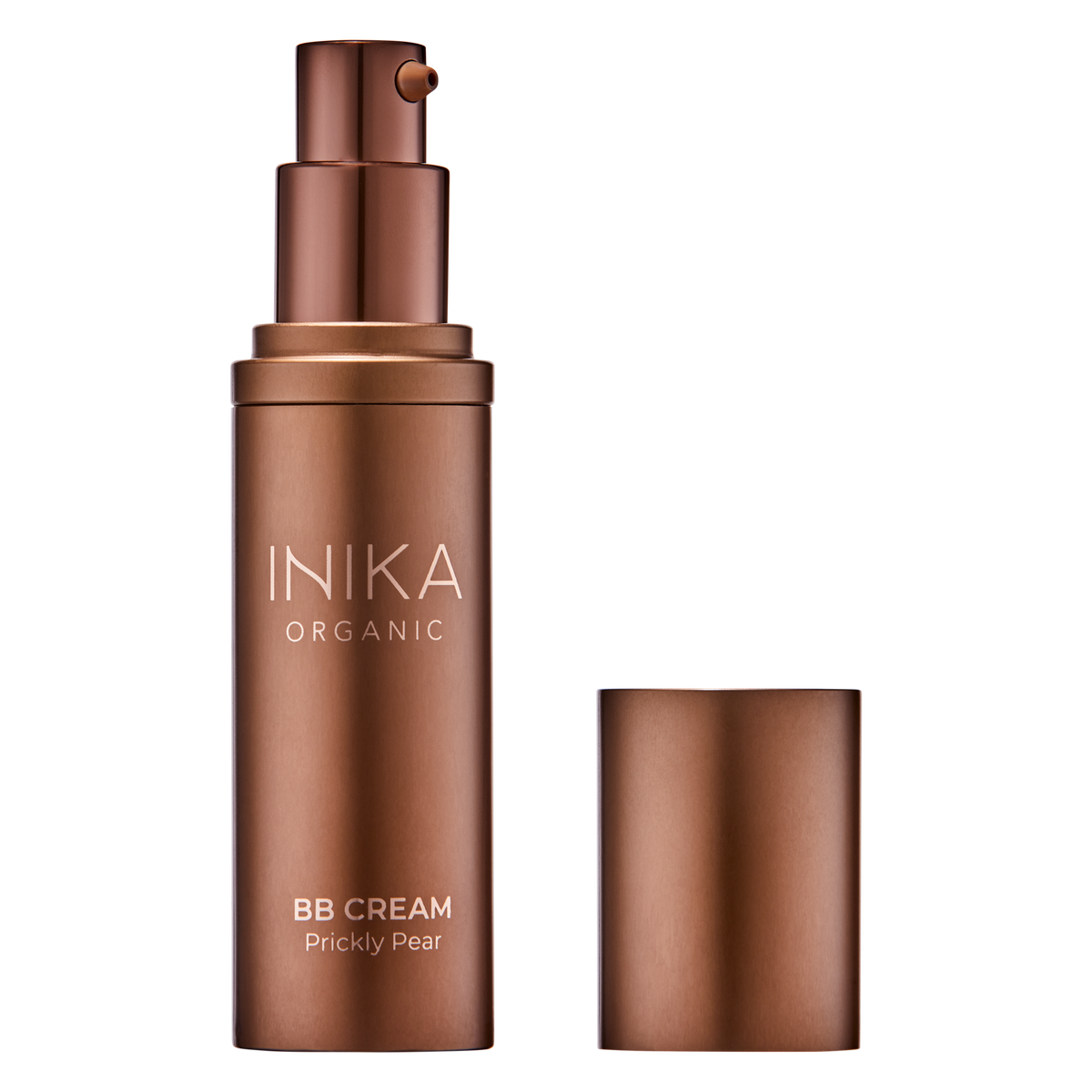 INIKA Certified Organic BB Cream 30ml lid off housed in bronze bottle with pump dispenser