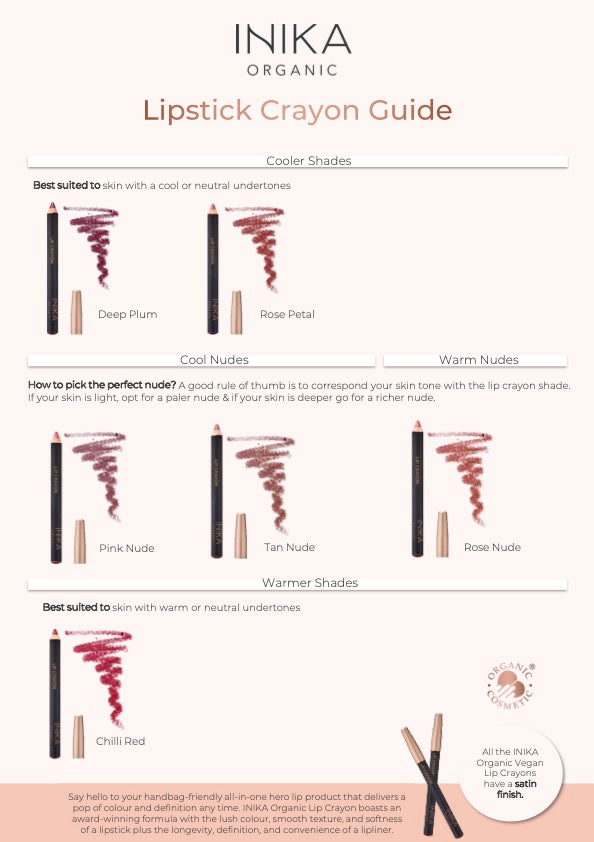 INIKA Organic Lipstick Crayon shade guide